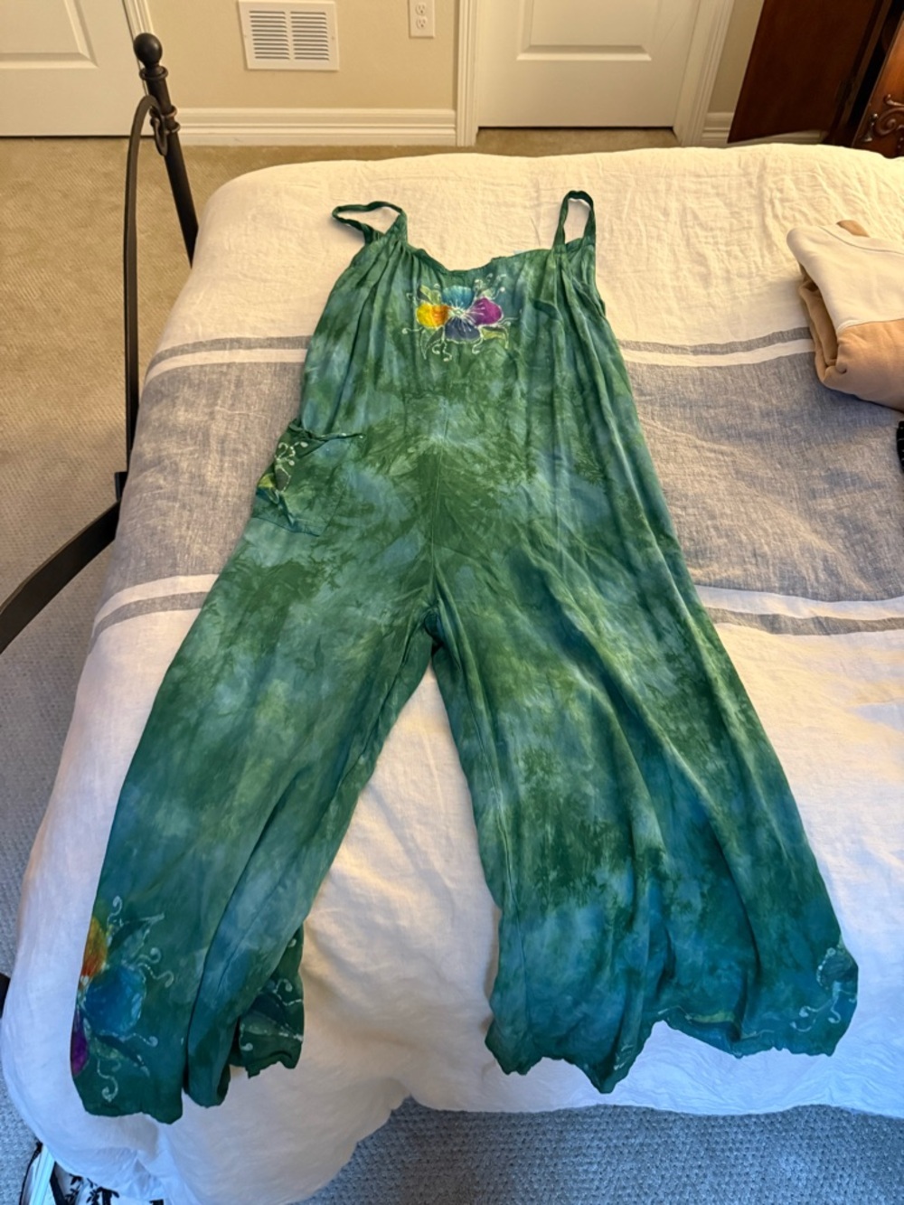 Green Tie-Dye Boho Jumpsuit with Floral Accent